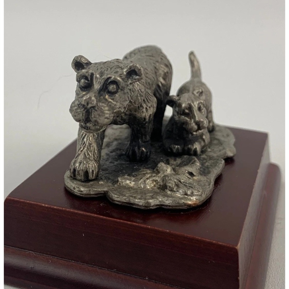 Miniature Metal Lioness and Cub Figurine on Wood Base